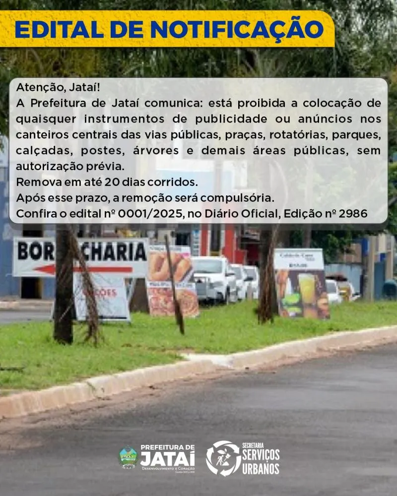 Prefeitura de Jataí Notifica Sobre Regularização de Publicidade em Espaços Públicos.